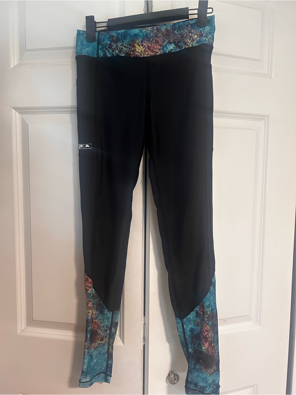 Pelagic Black Leggings with Teal Multi-Color Waist & Cuff Accents